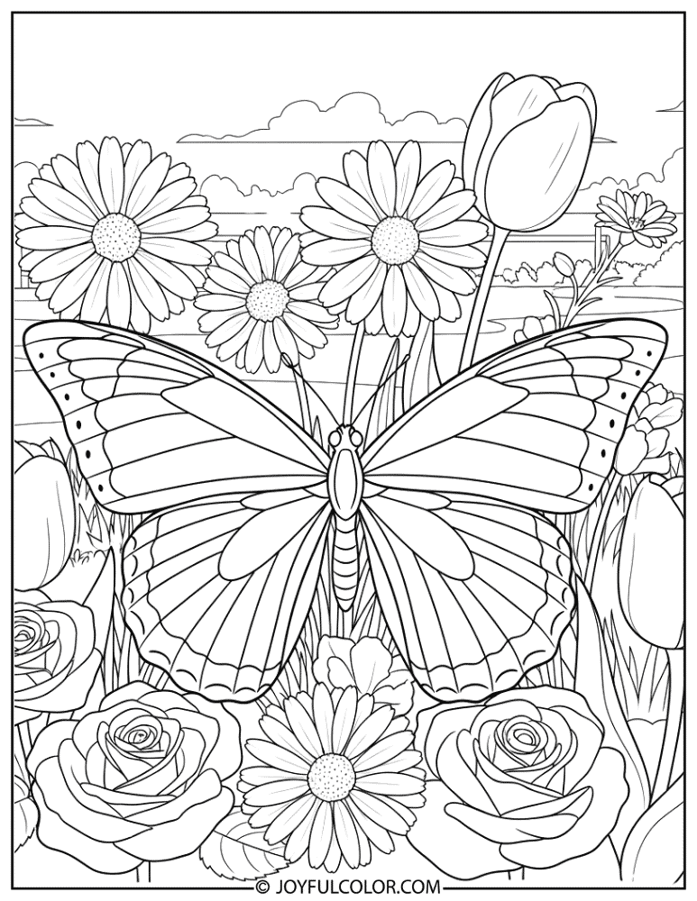 Butterfly in a Blooming Backyard Coloring Page
