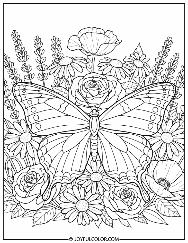 Butterfly in a Cottage Garden Coloring Page