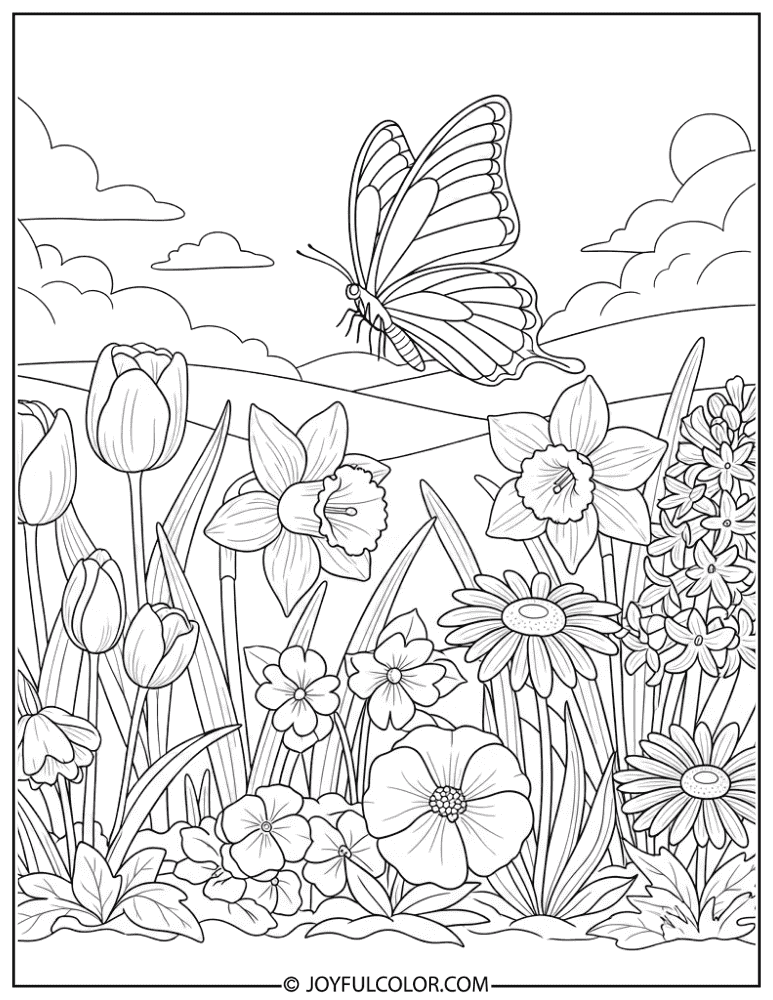 Butterfly in a Spring Flower Garden Coloring Page