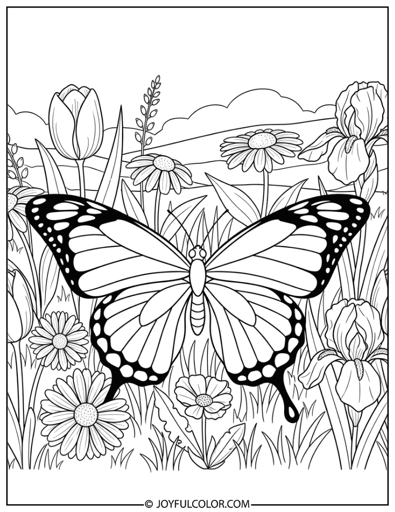Butterfly in a Spring Meadow Coloring Page