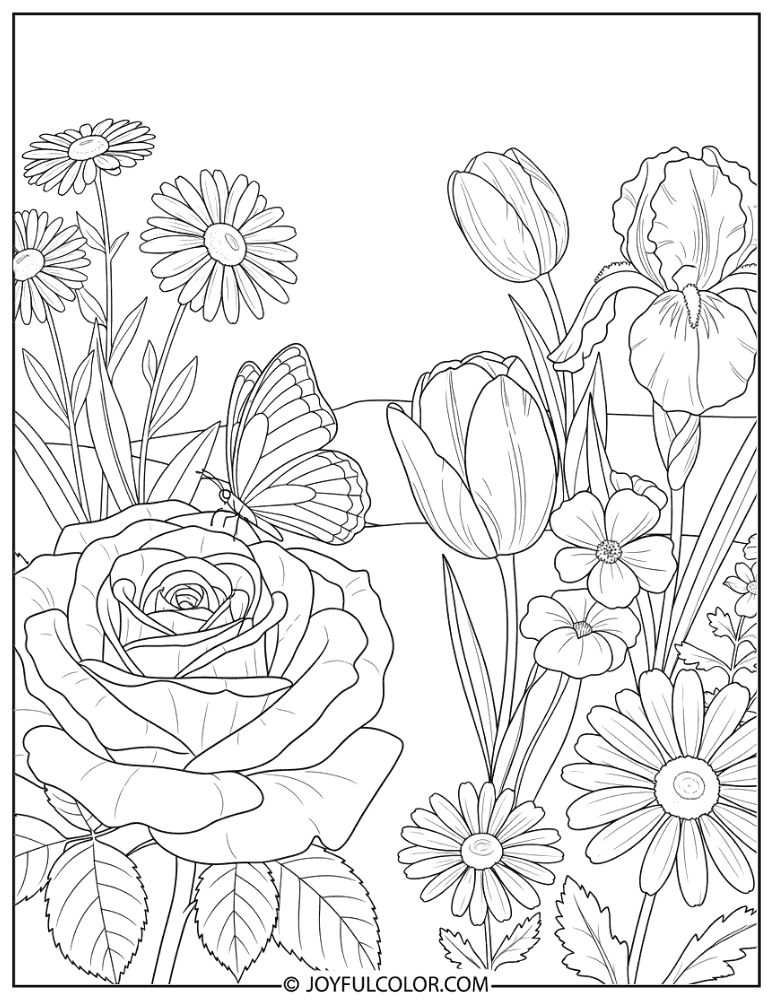 Butterfly on Rose Garden Flower Coloring Page