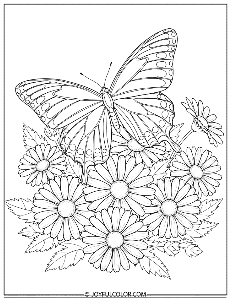 Butterfly on a Daisy Bouquet Coloring Page