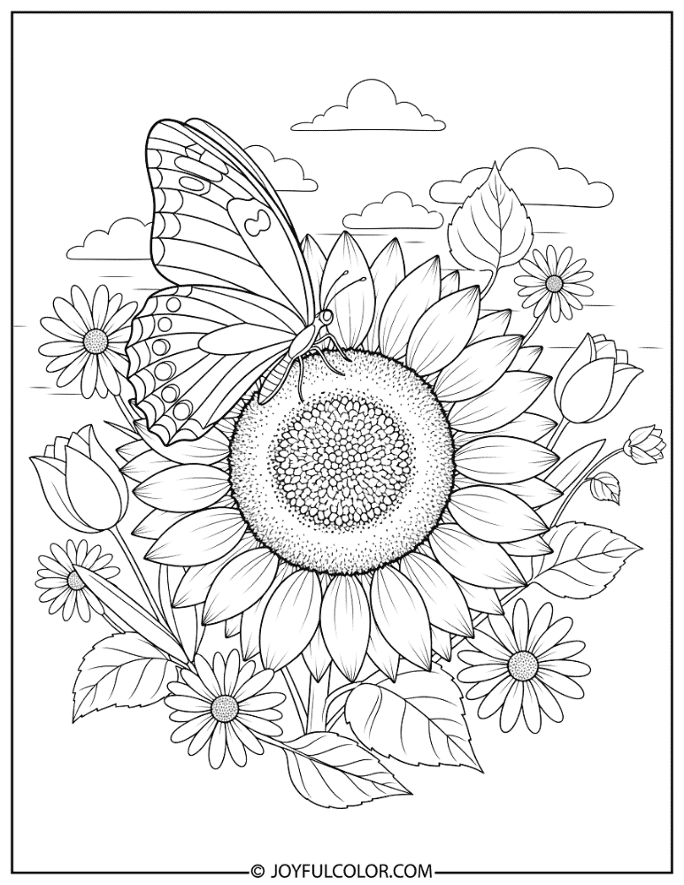 Butterfly on a Sunflower Coloring Page