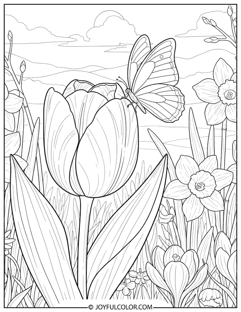 Butterfly on a Tulip Coloring Page