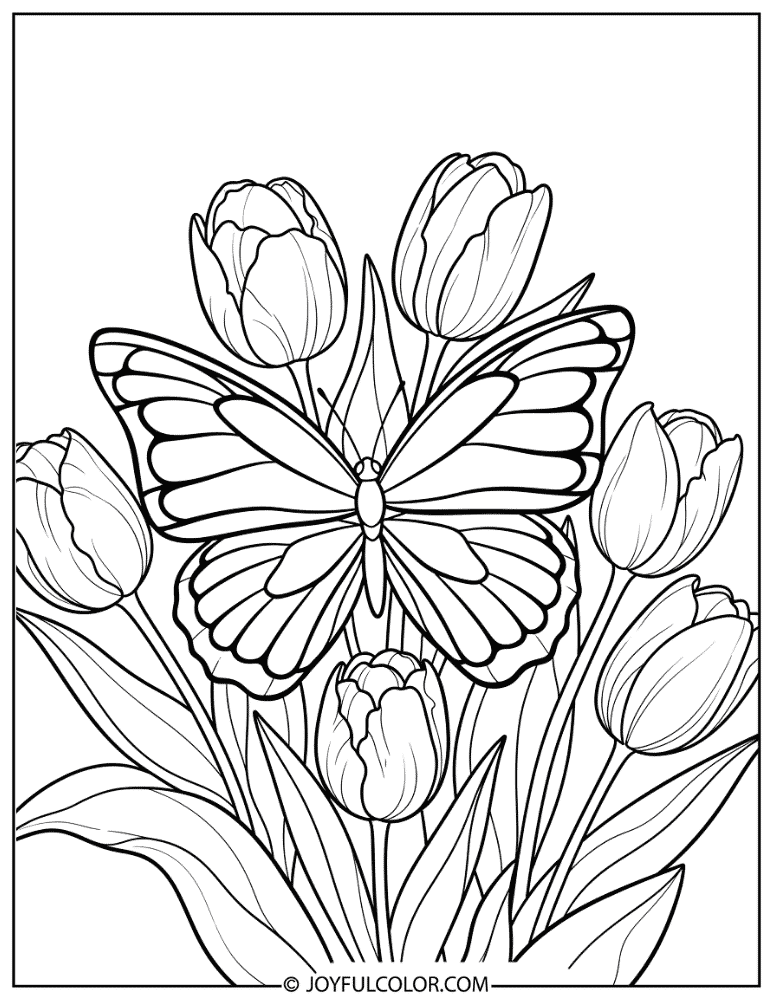 Butterfly with Blooming Tulips Coloring Page