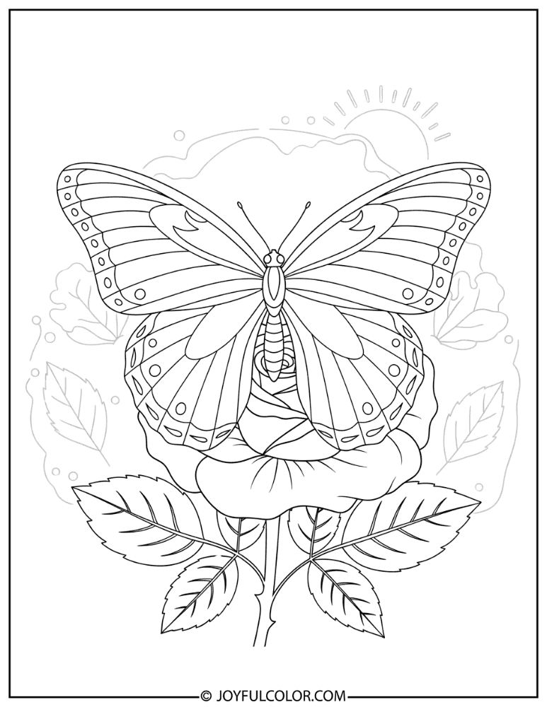 Butterfly with Rose Coloring Page