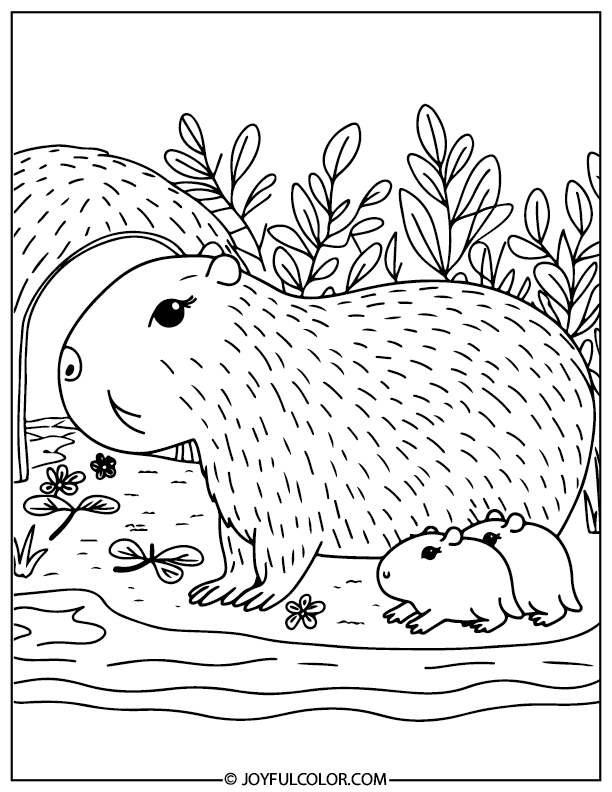 Capybara With Babies Coloring Page