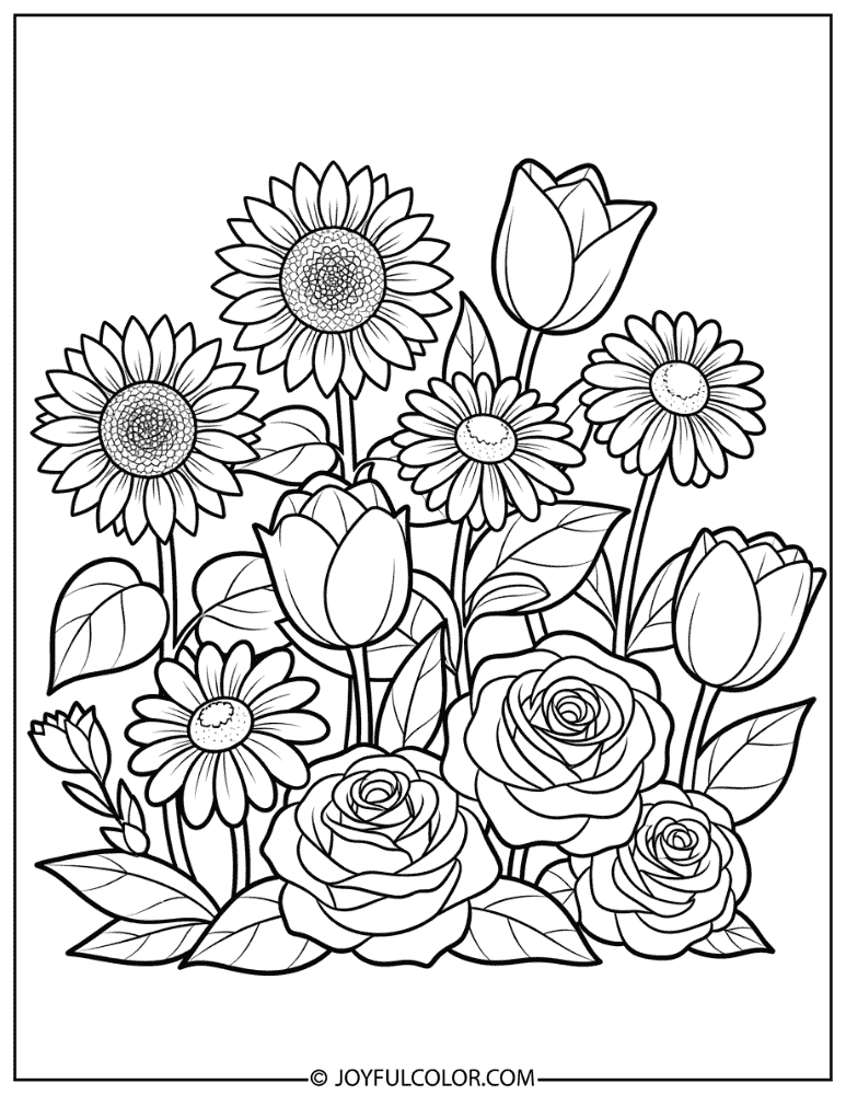 Cartoon Blossom Garden Flower Coloring Page
