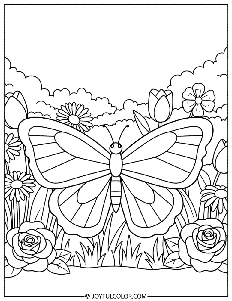 Cartoon Butterfly in a Flower Garden Coloring Page