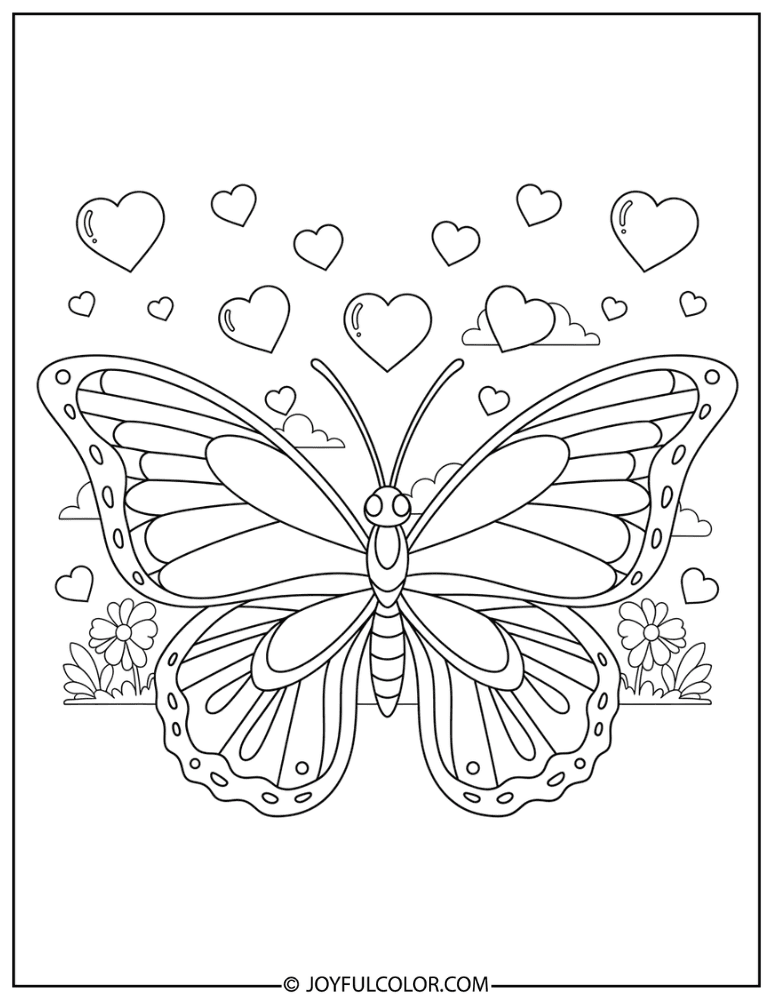 Cartoon Butterfly with Hearts Coloring Page