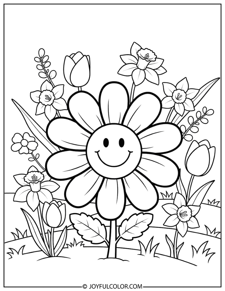 Cartoon Daisy Spring Flower Coloring Page