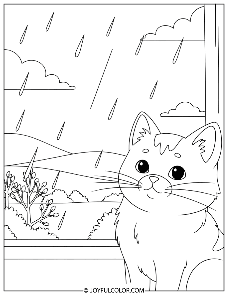 Cat Watching Rain Coloring Page