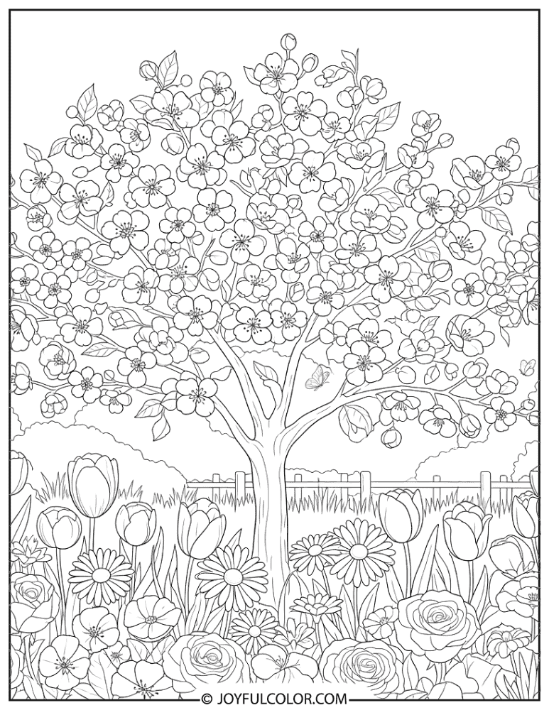 Cherry Blossom Garden Flower Coloring Page