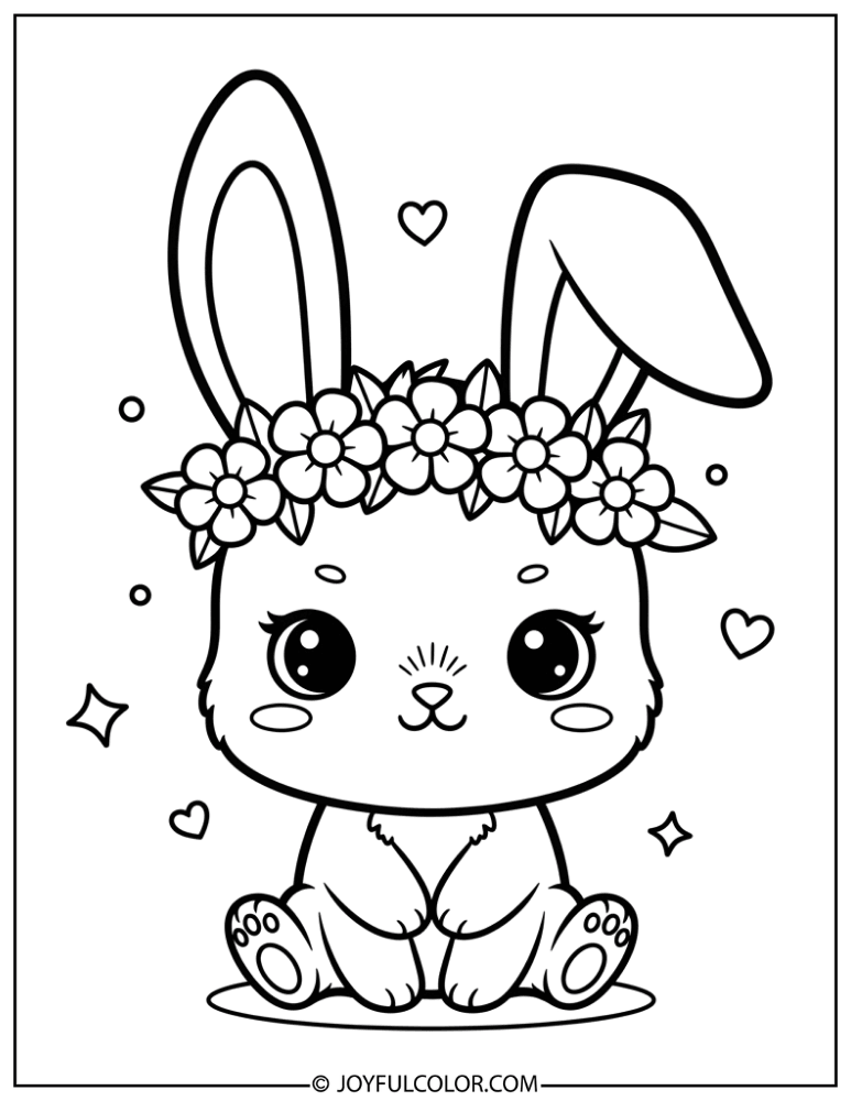 Chibi Bunny with Flower Crown Coloring Page