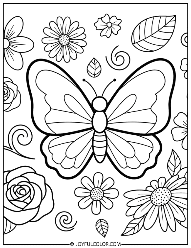 Chibi Butterfly with Blossoms Coloring Page