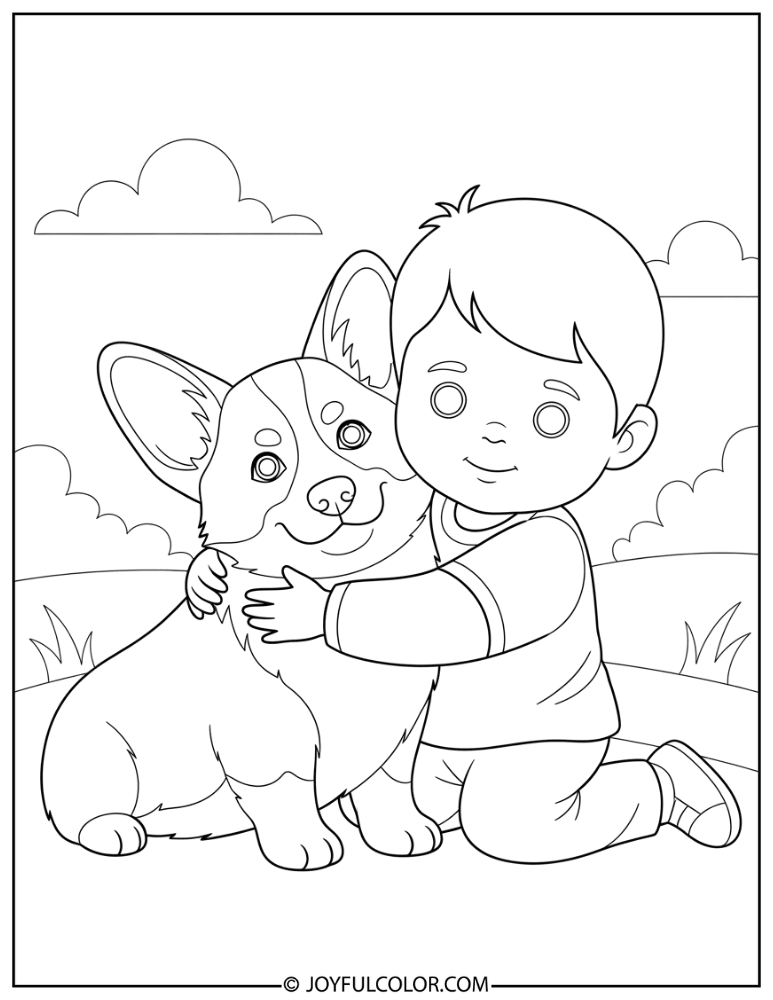 Child Hugging Corgi Coloring Page