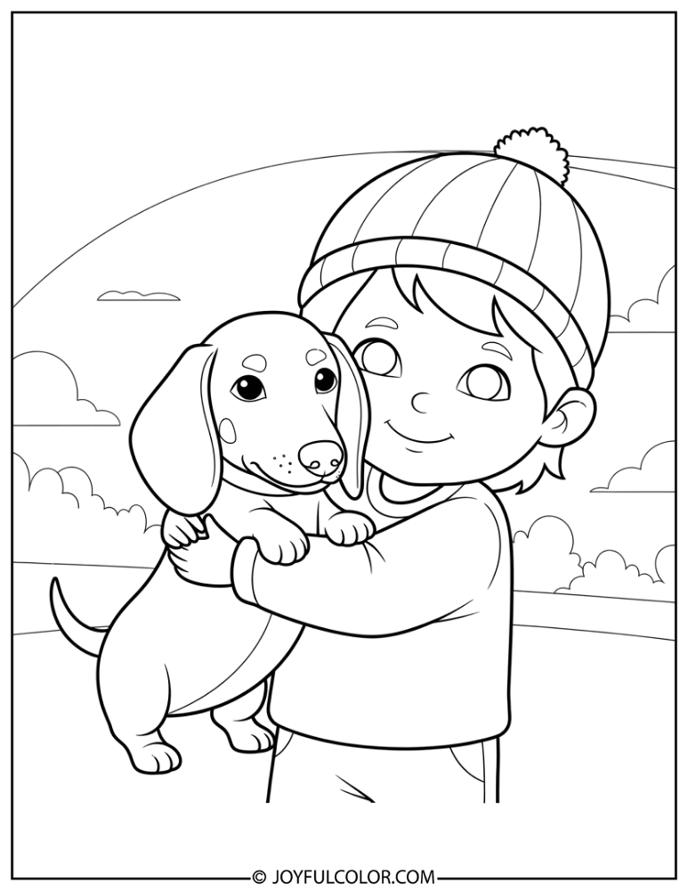 Child Hugging Dachshund