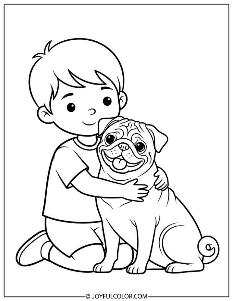 Child Hugging Pug Coloring Page