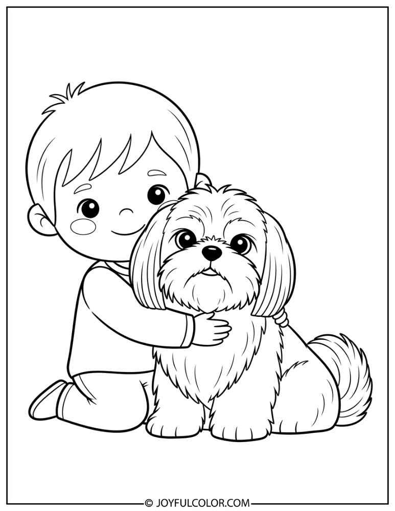 Child Hugging Shih Tzu Coloring Page