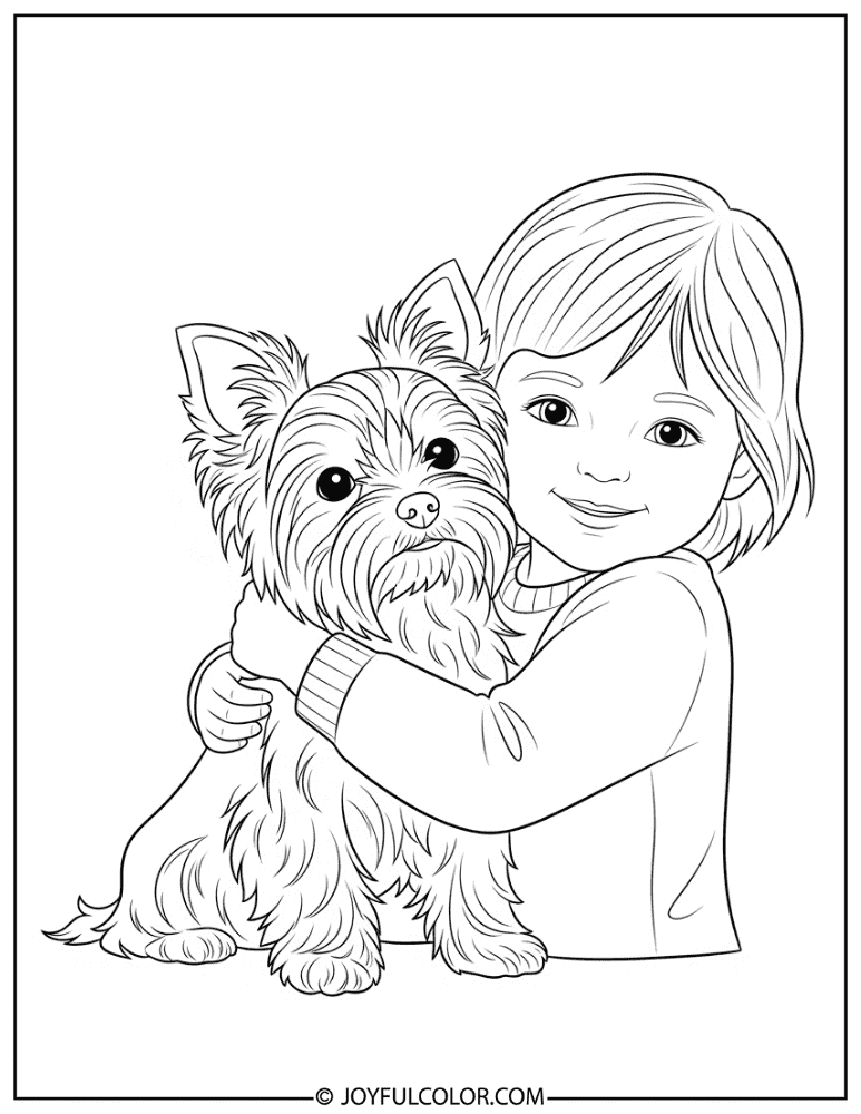Child Hugging Yorkie Coloring Page