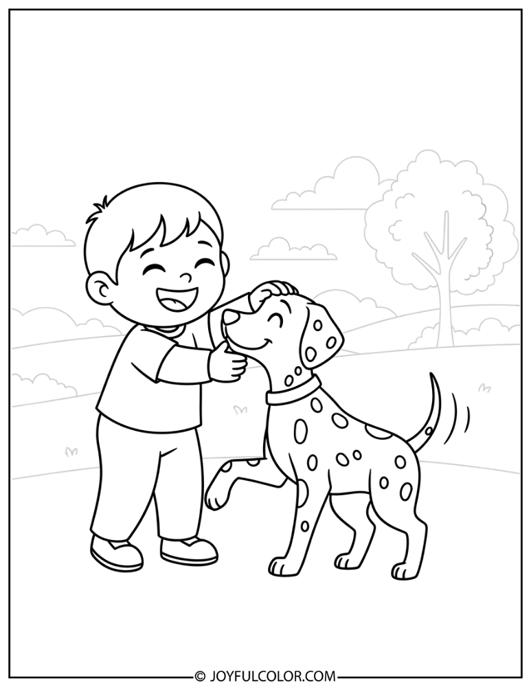 Child Playing with Dalmatian Coloring Page