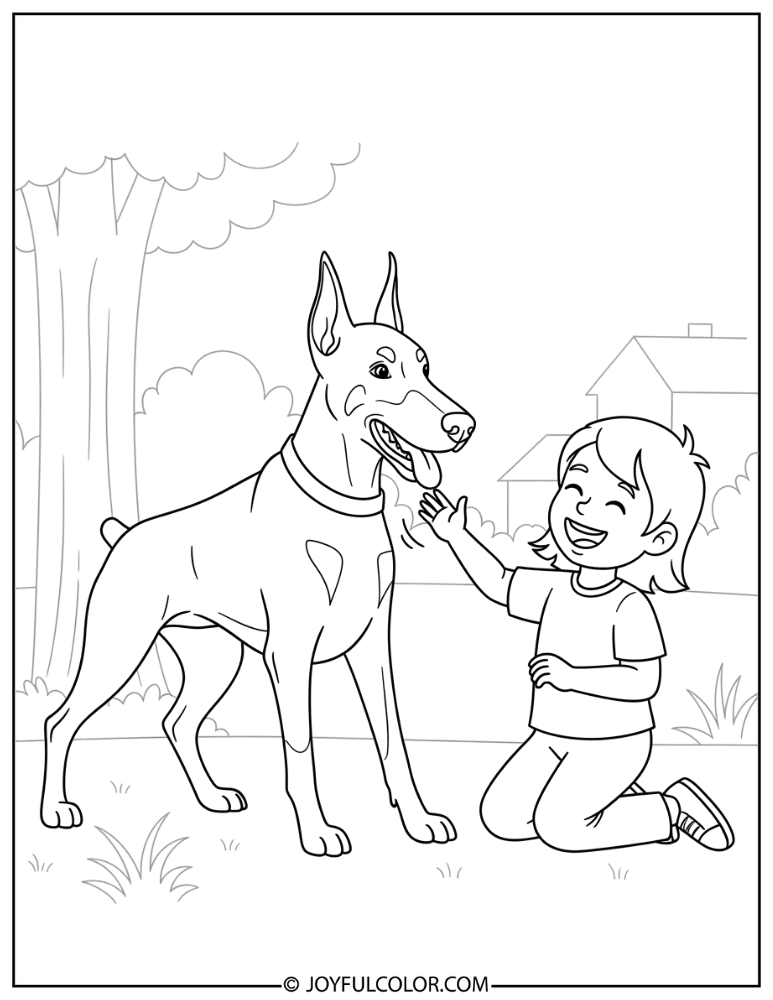 Child Playing with Doberman Coloring Page