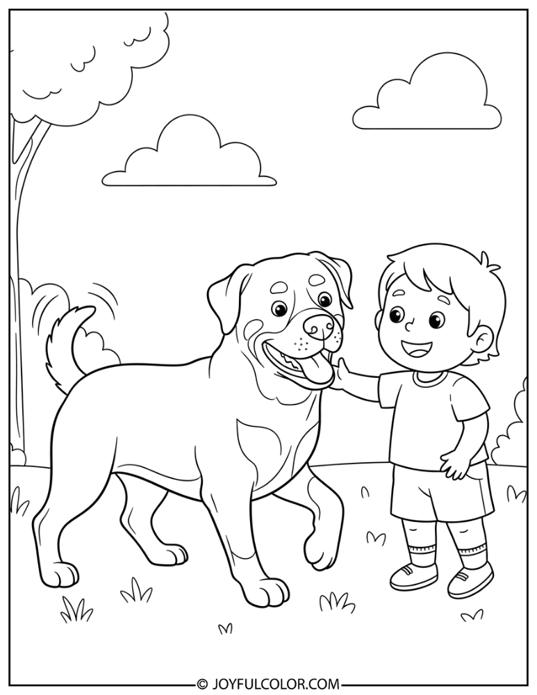 Child Playing with Rottweiler Coloring Page