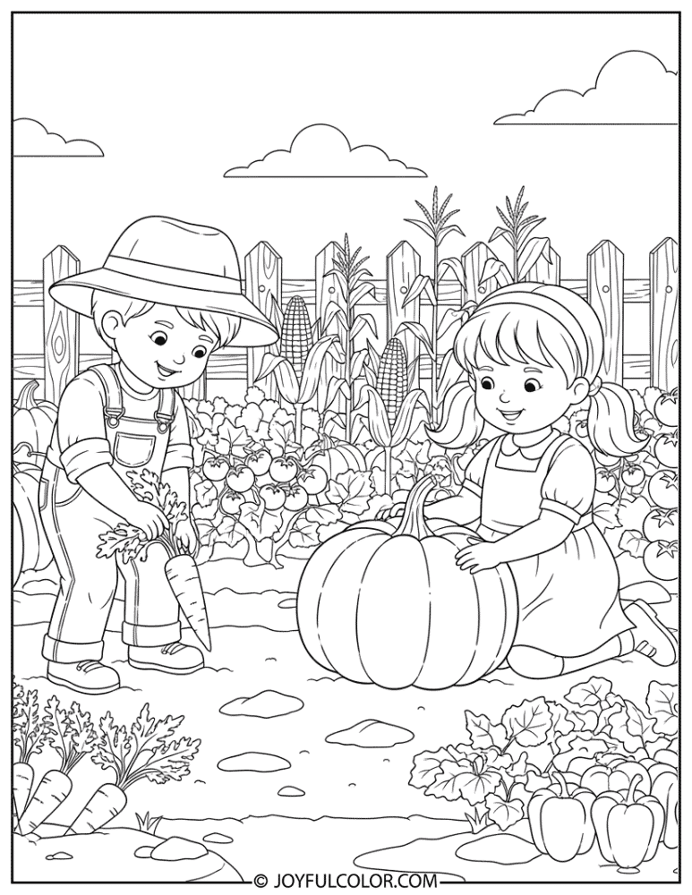 Children Picking Vegetables Coloring Page
