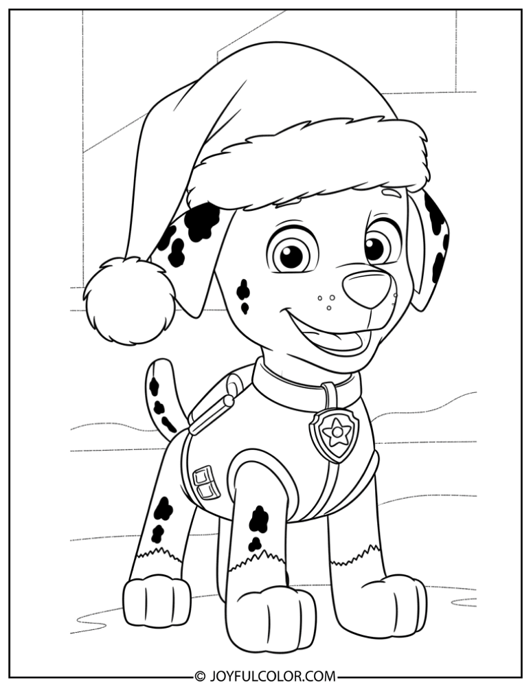 Christmas Marshall with Santa Hat Coloring Page