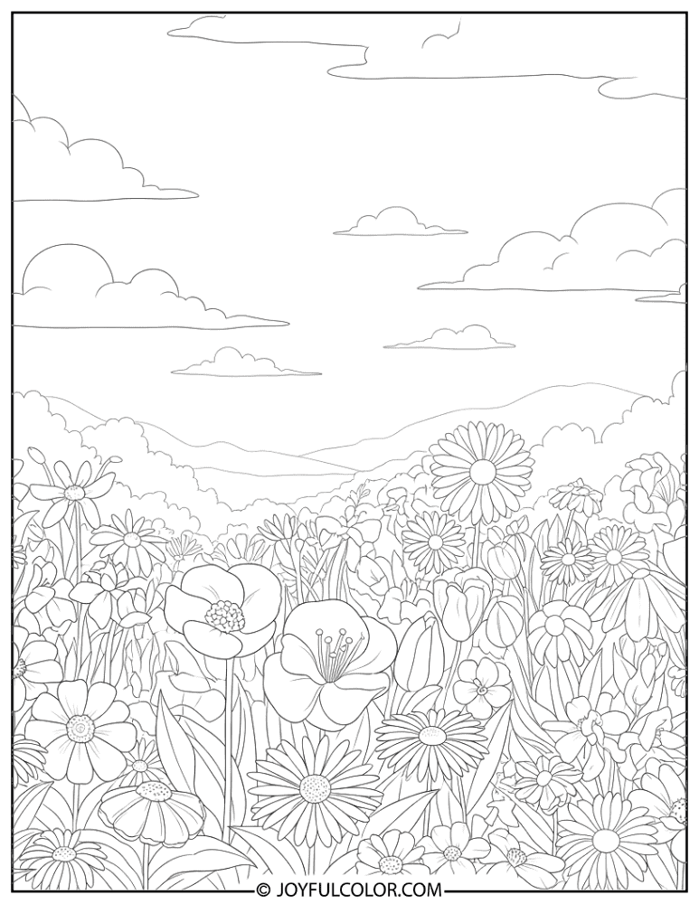 Cloudy Garden with Flowers Coloring Page
