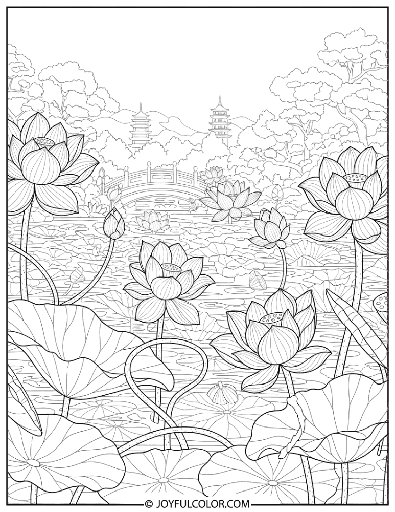 Complex Lotus Garden Coloring Page