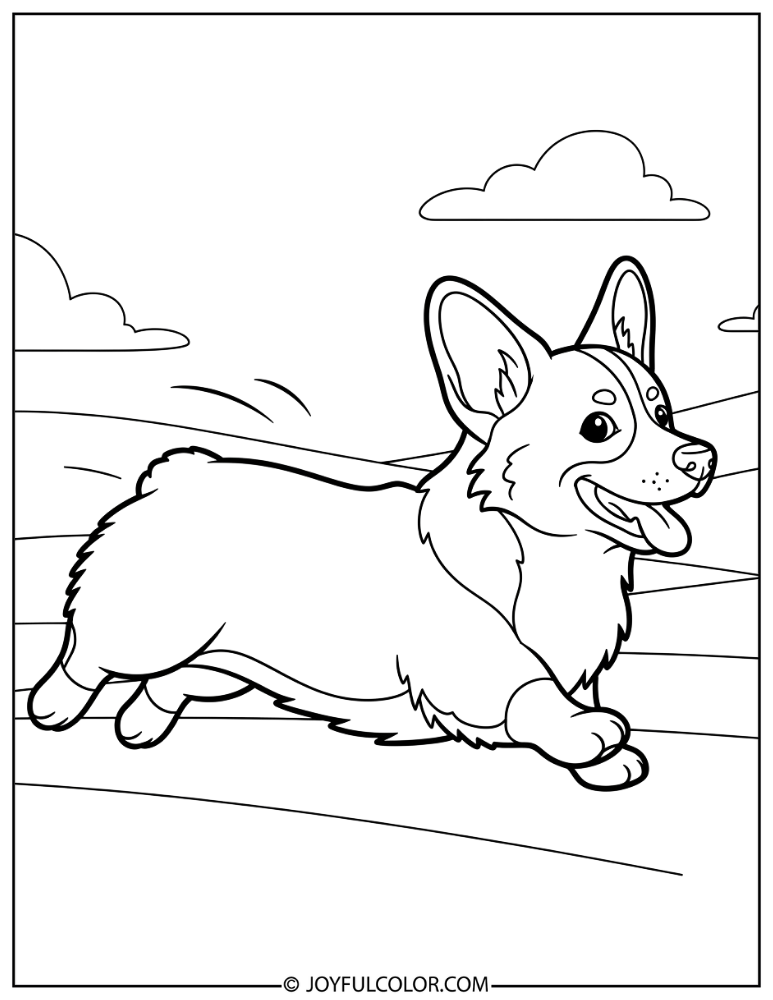 Corgi Running in Field Coloring Page