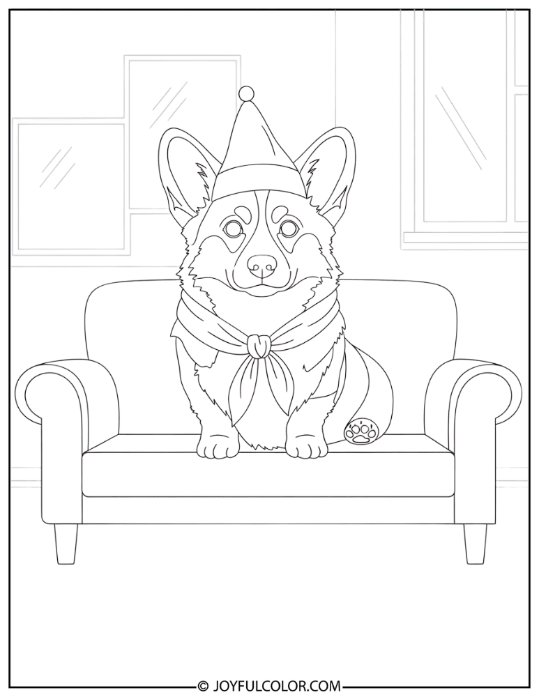 Corgi Sitting on Couch Coloring Page