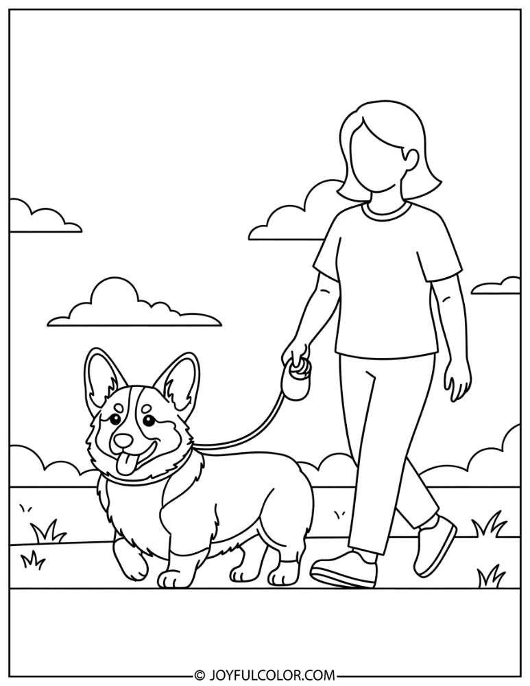 Corgi Walking with Owner Coloring Page