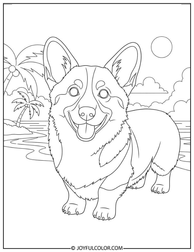 Corgi at Beach Coloring Page
