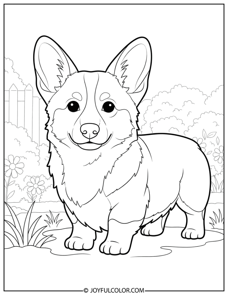 Corgi in Garden Coloring Page