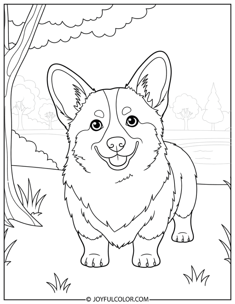 Corgi in Park Coloring Page