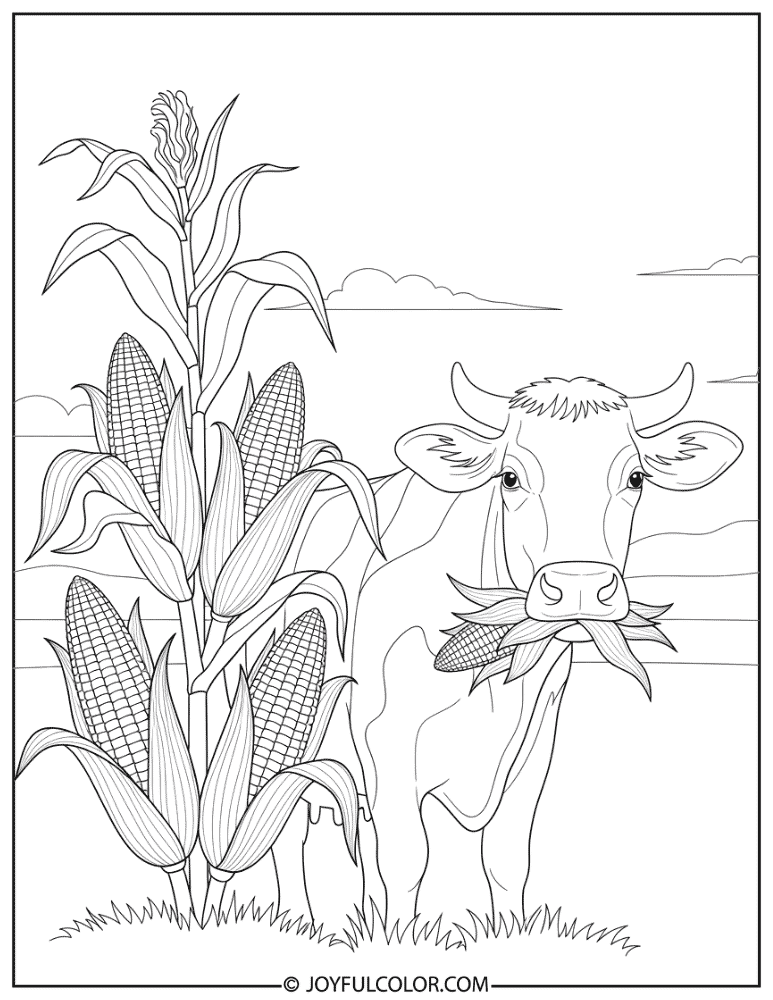 Corn and Happy Cow Coloring Page