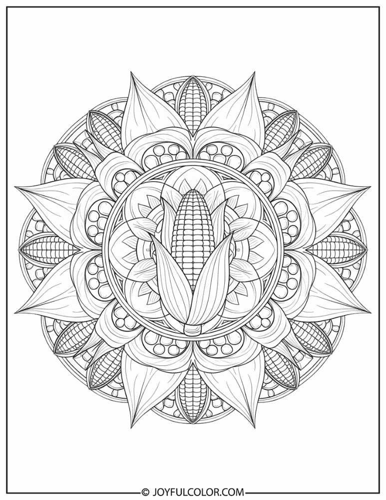 Corn and Leaves Mandala Coloring Page