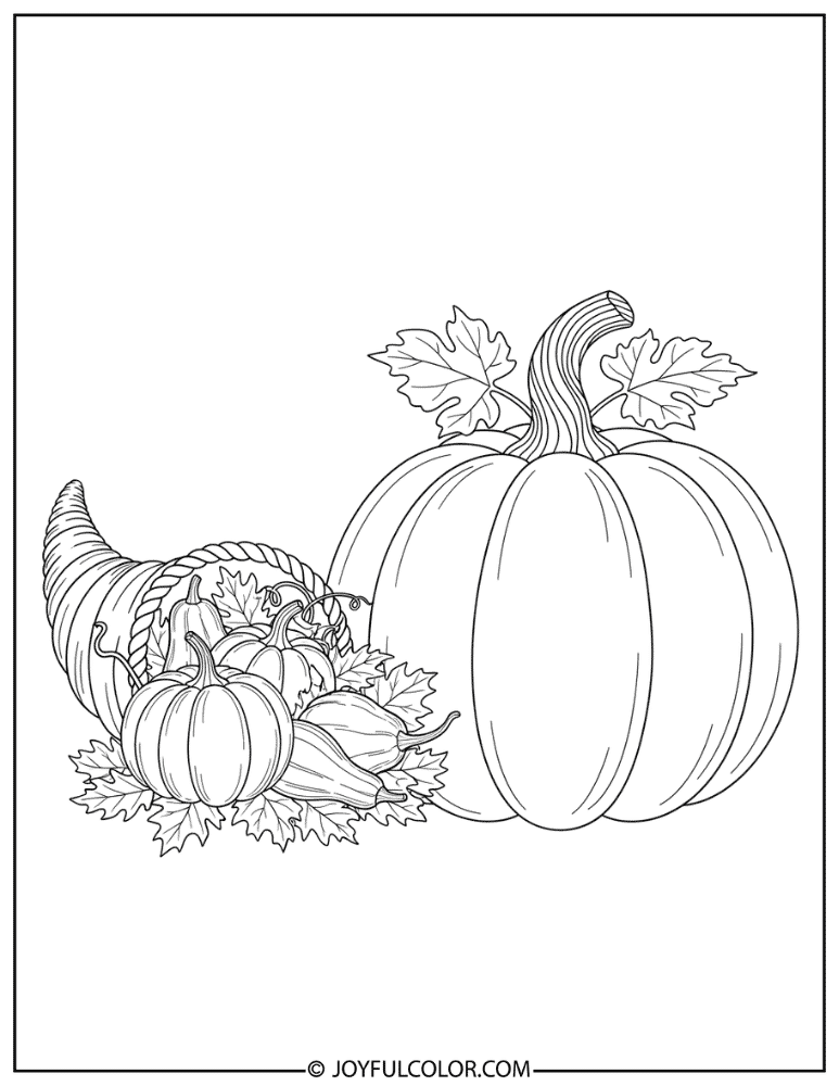 Cornucopia with Pumpkin Coloring Page