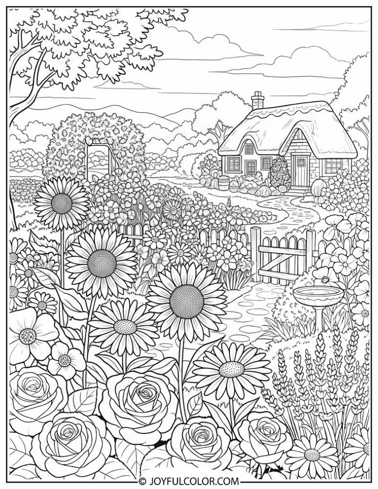 Cottage Garden Flower Scene Coloring Page