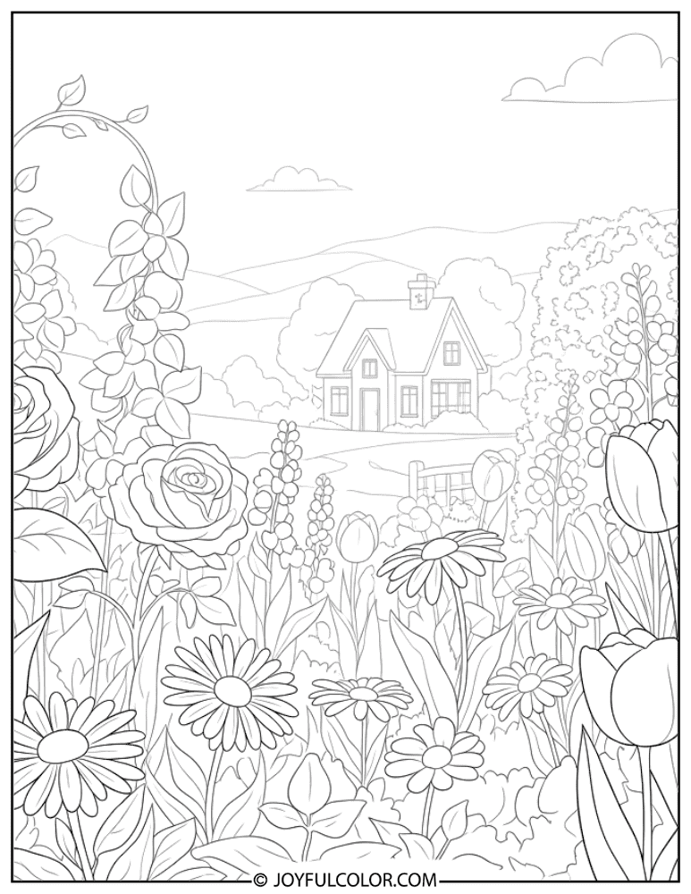 Cottage Garden Scene Coloring Page