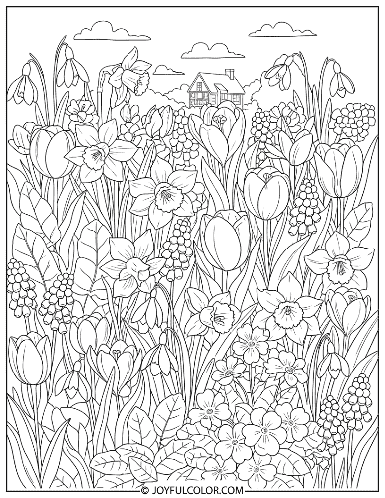 Cottage Spring Garden Coloring Page