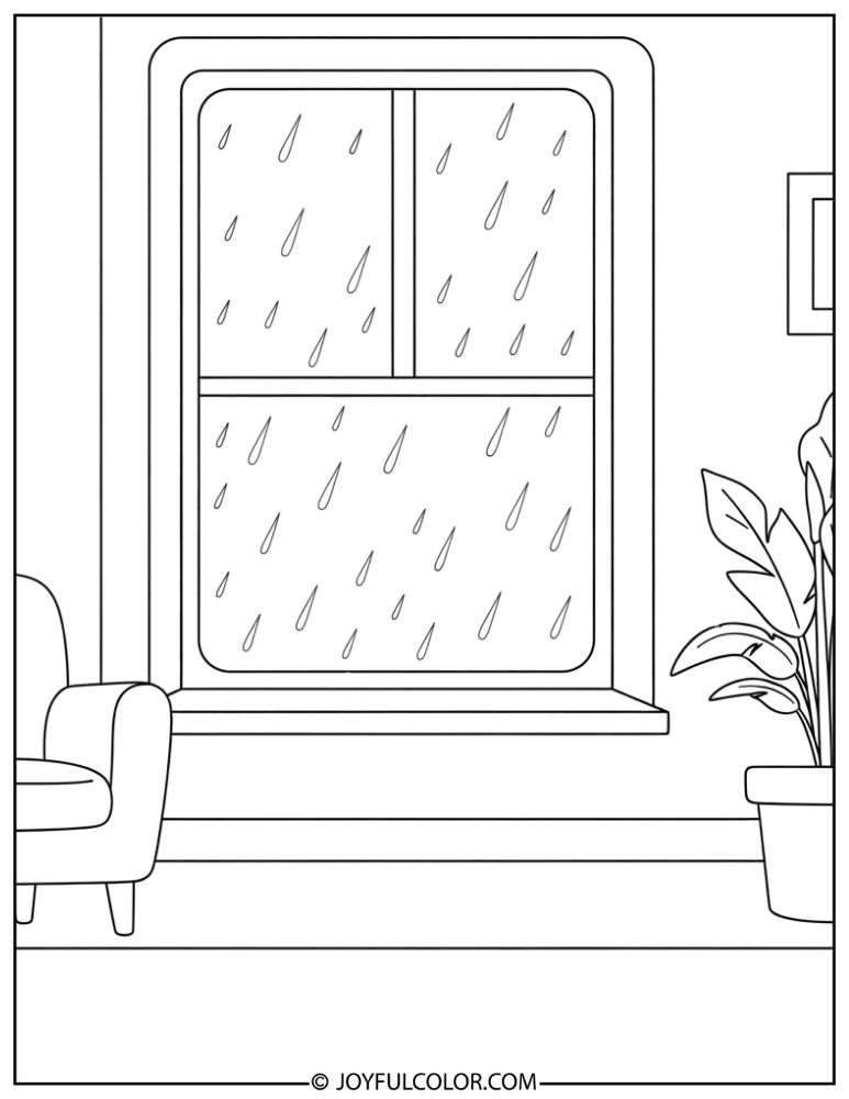 Cozy Home Rain Scene Coloring Page