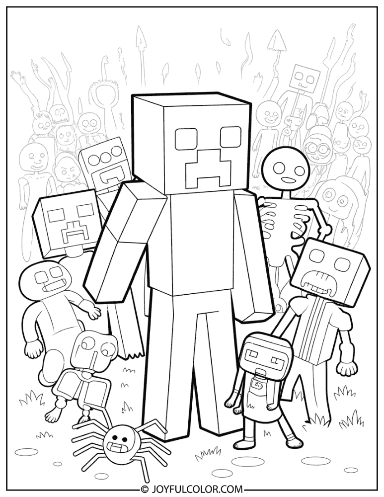 Creeper Among a Mob Army Coloring Page