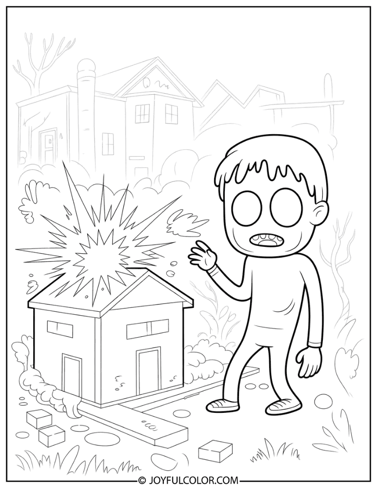 Creeper Detonating Near a House Coloring Page