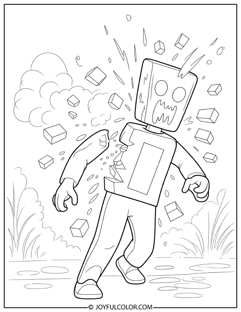 Creeper Mid-Explosion with Blocks Flying Coloring Page