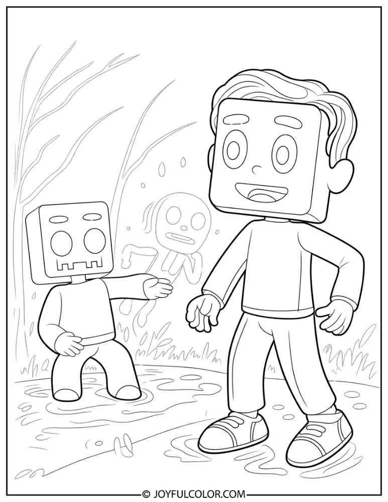 Creeper Sneaking Up Behind Steve Coloring Page