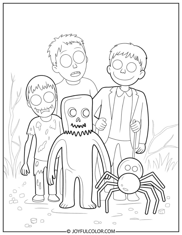 Creeper Zombie and Spider Group Coloring Page