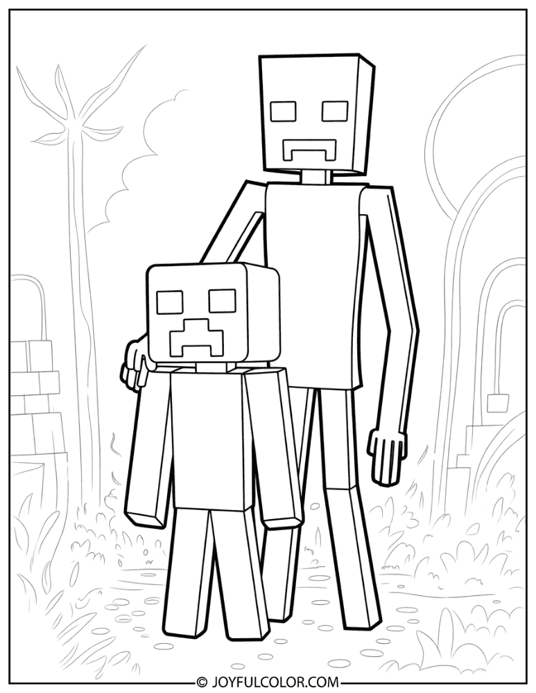 Creeper and Enderman Standing Together Coloring Page